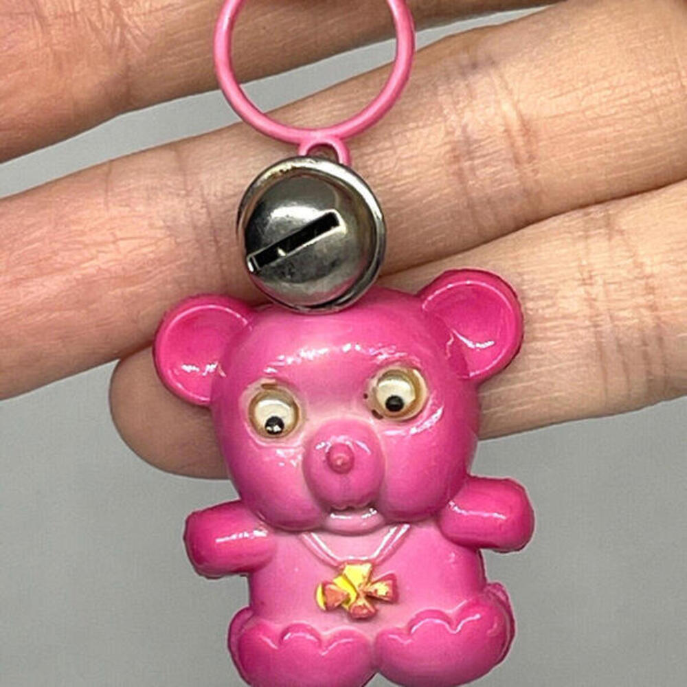 1980s Pink Teddy Bear Googly Eyes Plastic Bell Charm Bracelet Necklace Vintage